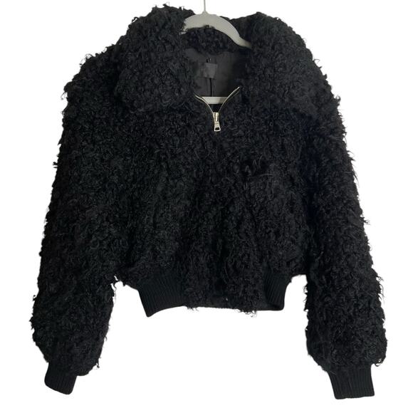 RTA Andes Shaggy Faux Fur Cropped Jacket Zip Up Ribbed Trim Long Sleeve Black XS - Picture 3 of 11